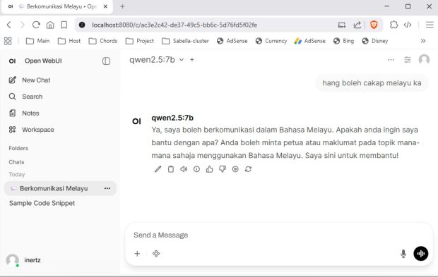 Open WebUI sedang berfungsi dan pilih model ai apa nak jalan